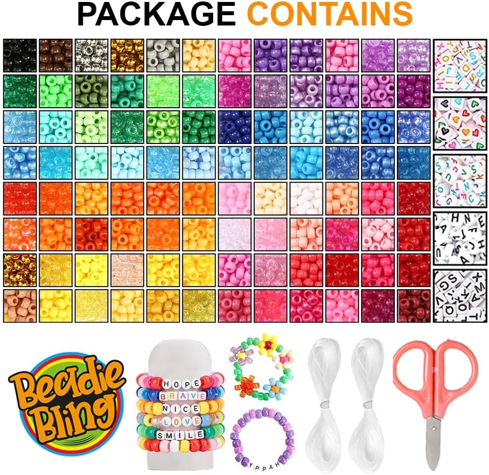 3200 Pcs 6 * 9mm Pony Beads Bulk in 96 Colors - Friendship Bracelet Making Kit with 2400 Plastic Beads & 800 Letter Beads in 4 Storage Boxes with 2X Strings & Scissor