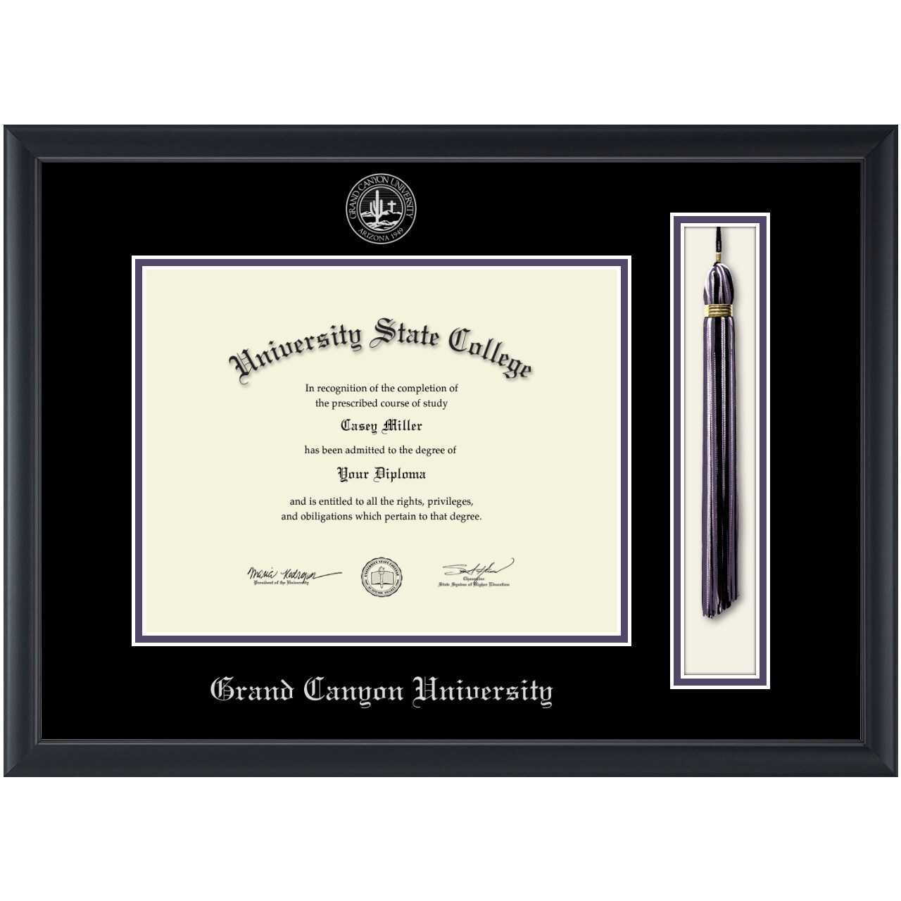 Framerly - Grand Canyon University 11"w x 8.5"h Tassel Diploma Frame - Silver Embossed Tassel & Cord Diploma Frame - Black Moulding with Black and Purple Matting