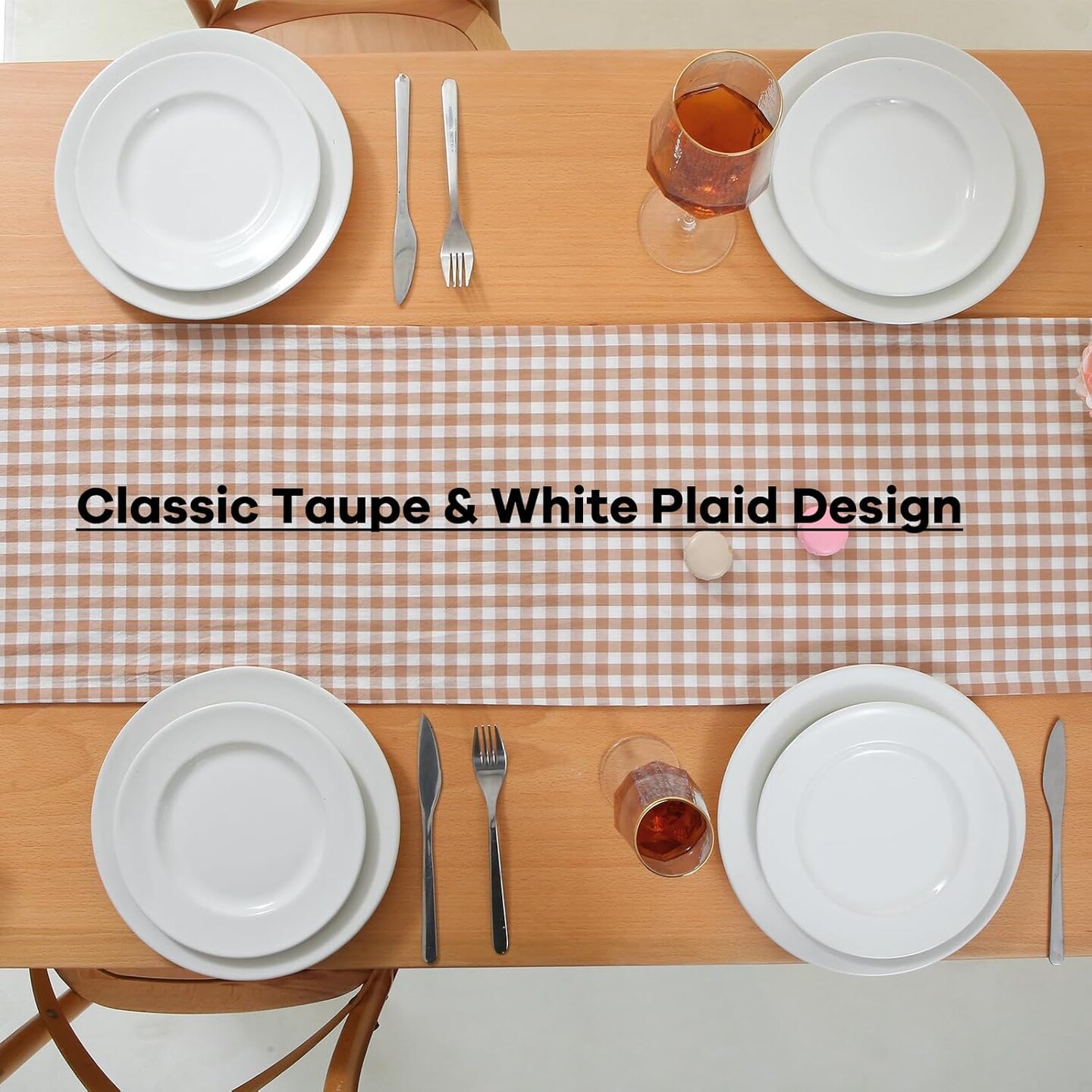 Taupe White Plaid Gingham Ruffle Table Runner 90 inches Long 100%,(Taupe, 90"x13")