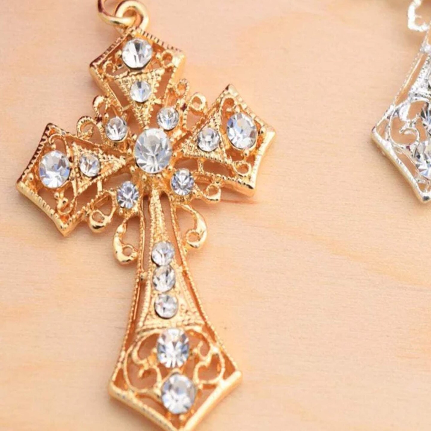 1 Piece 2.5x1.75 Gold Rhinestone Cross Charm Pendant Jewelry Baptism Craft
