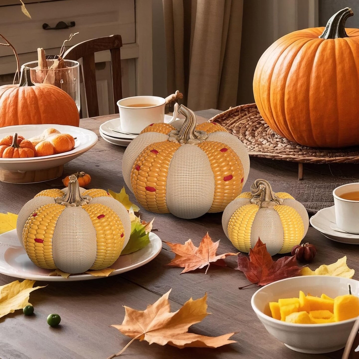 Set of 3 Decorative Stackable Pumpkins, Fall Harvest Thanksgiving Pumpkin Decorating