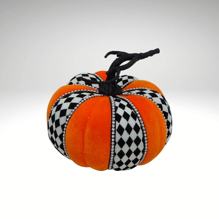 6” Velvet Harlequin Pumpkin – Orange & Black Diamond Halloween Decor with Rhinestone Trim