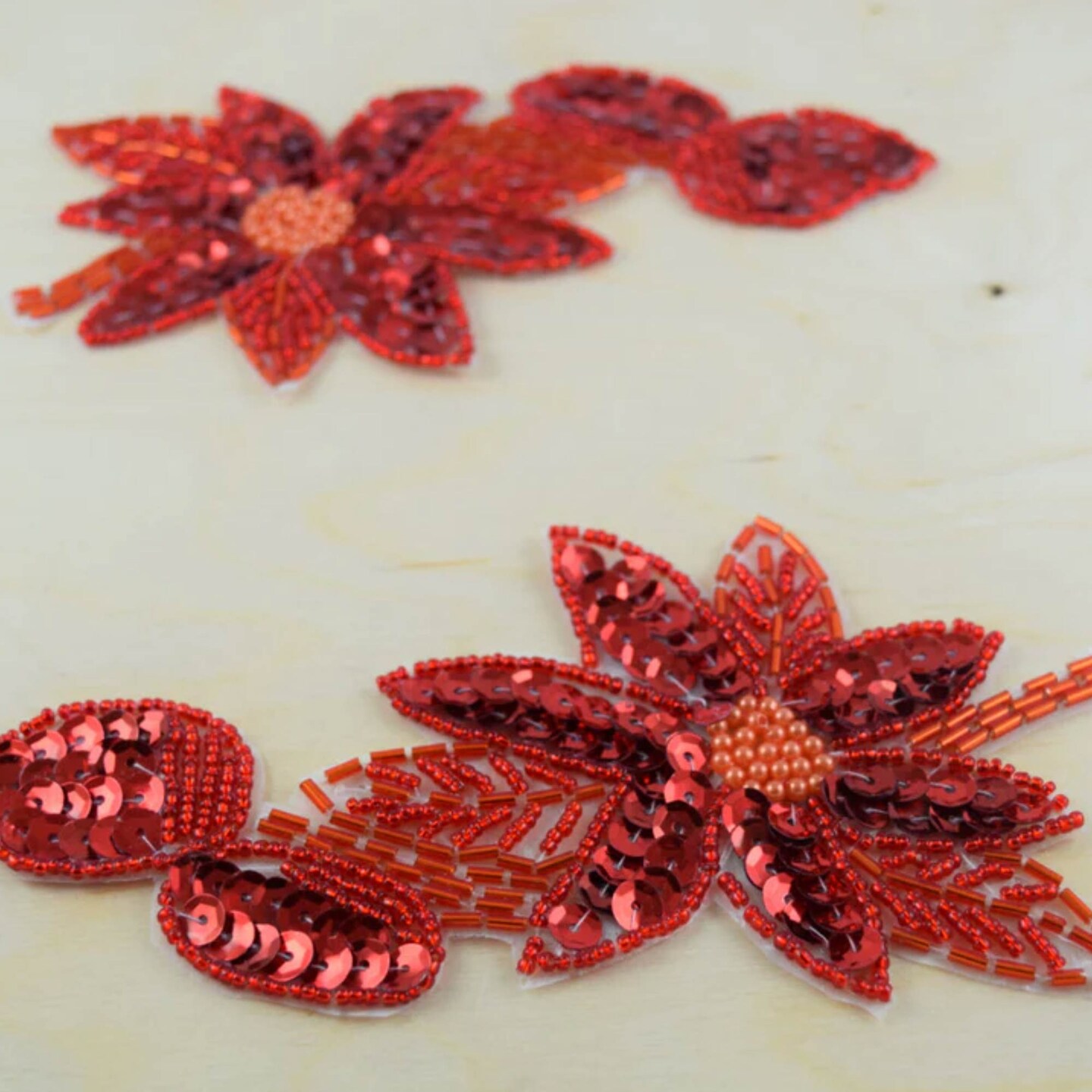 Red Beaded and Sequined Flower Patches Set of 2 Iron On Coral Floral Appliques with Leaves