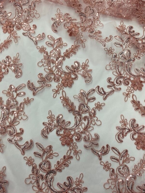 1 Yard Dusty Rose Corded Sequin Mesh Lace Fabric with Scalloped Edge 54” Wide