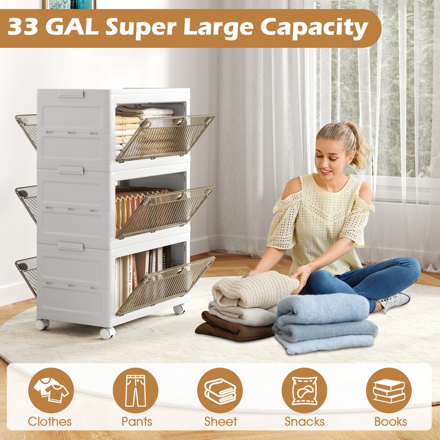 White-Brown PP HIPS Folding 3-Tier Stackable Storage Bins with Wheels