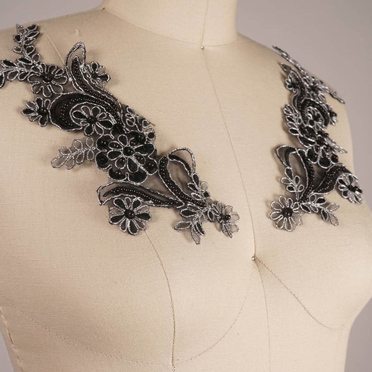 2 Pieces 8.5" x 3.5" Black Lace Metallic Silver Wire Applique Pair Vibrant Coral Color