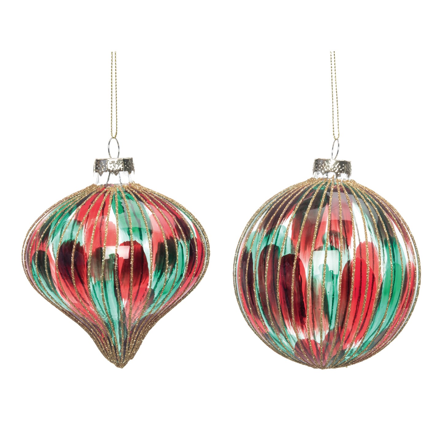 Glass Regal Red Green Striped Ornament Set of 2 Christmas