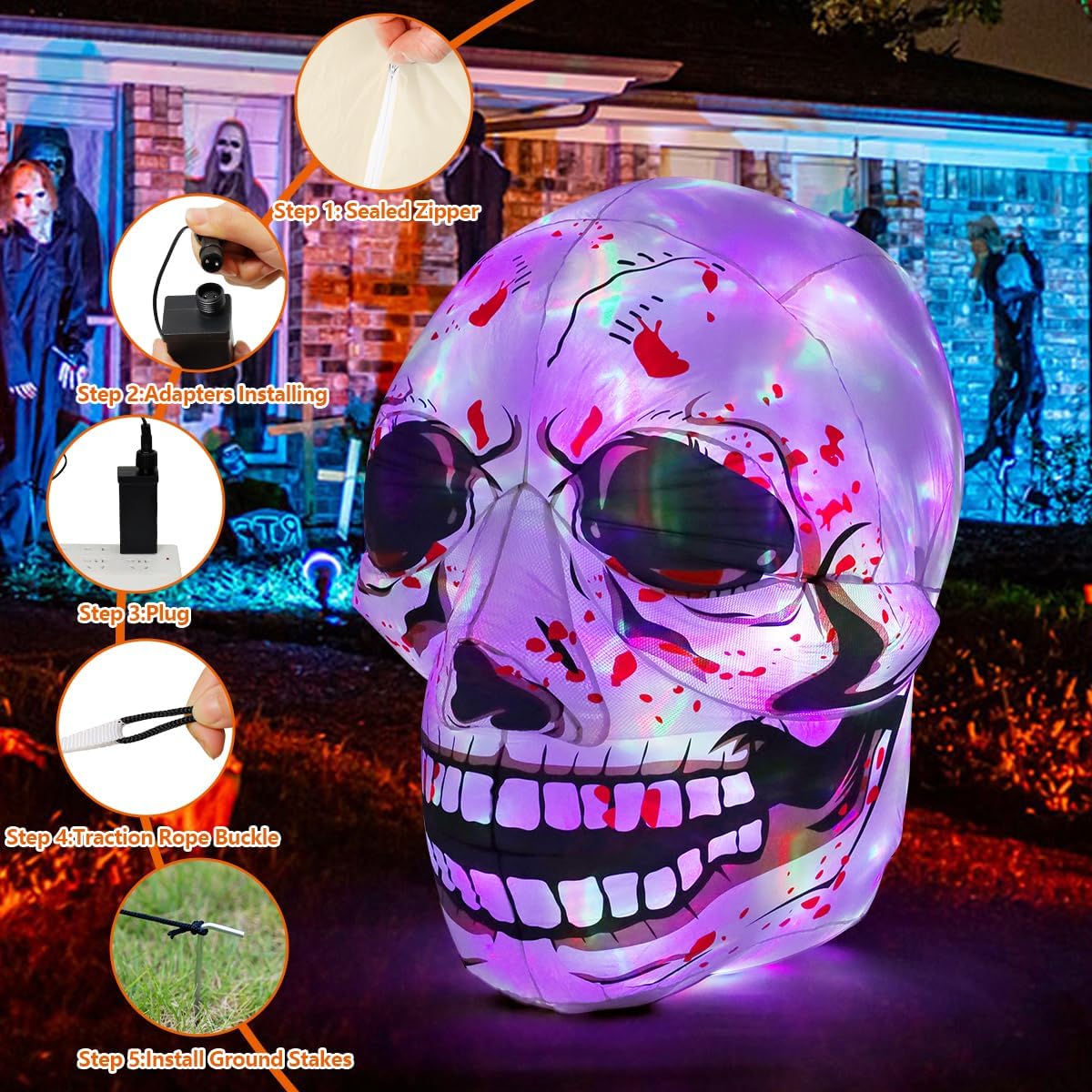 GOOSH 3.6 FT Halloween Inflatables Skull Blow Up Yard Scary Colorful Skeleton Skull with Built-in Changeable LEDs
