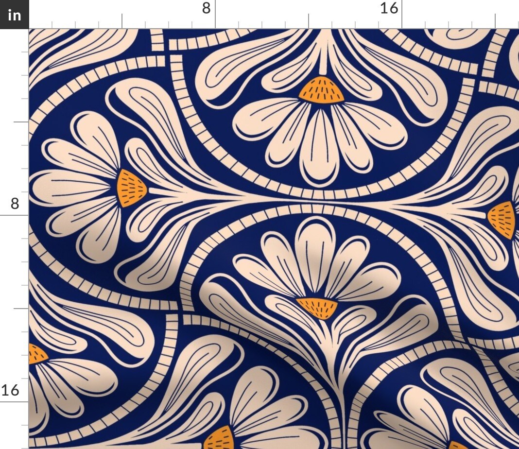 Blue Floral Yellow Cream Flowers Bold Modern Minimalist Cobalt Geometric Custom Printed Fabric by Spoonflower Various Fabrics by the Yard or Fat Quarter