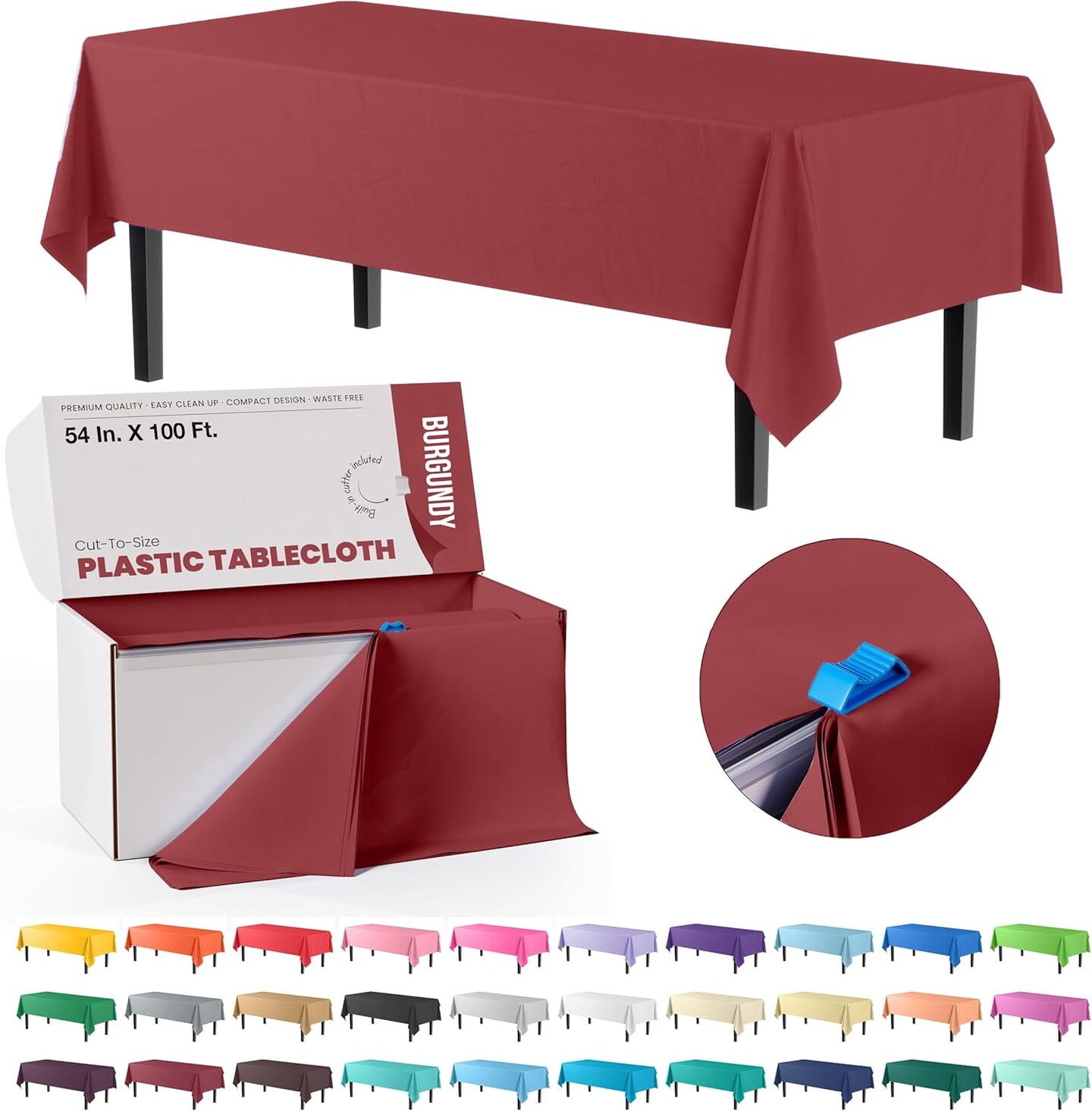 Exquisite Party Solids 54" x 100' Plastic Table Cover Roll with Slide Cutter – Cut-to-Size Dispenser Box – Makes Up to 12 Disposable 8' Rectangle Tablecloths