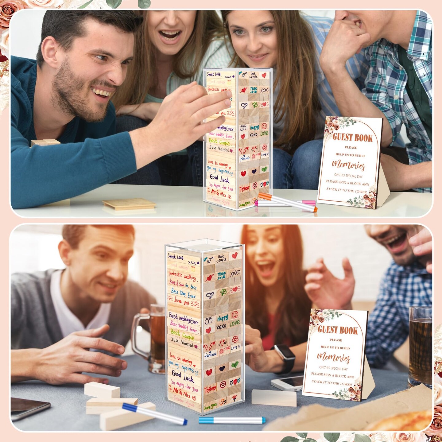 80 Pcs Wedding Guest Book Alternative Wooden Block Guest Book for Wedding Sign in Bridal Shower Decoration Wooden Block Bridal Shower Game for Sign in, Reception(Rustic)