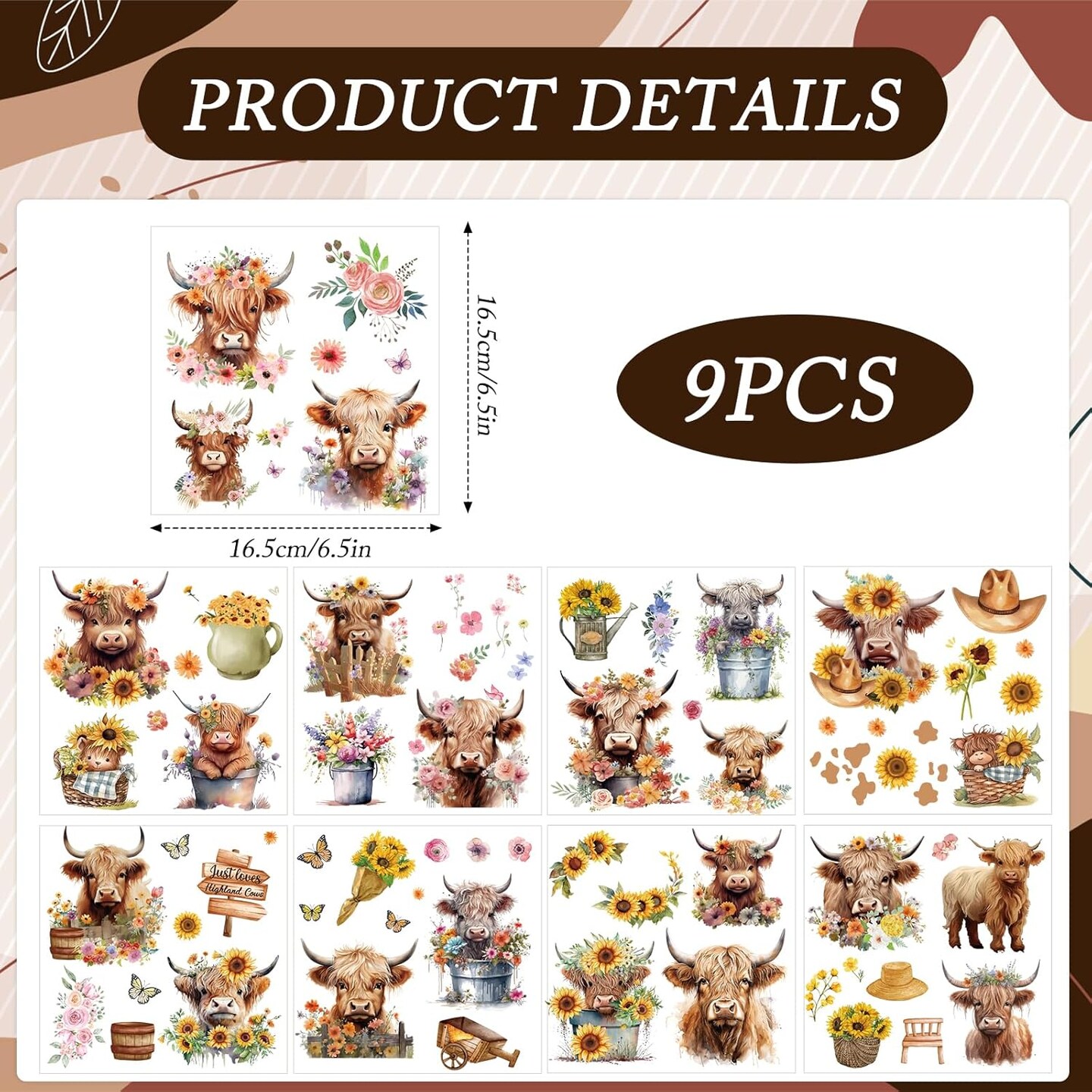 Sheets Sunflower Rub on Transfer Stickers (Highland Cow) 6.5 inches x 6.5 inches