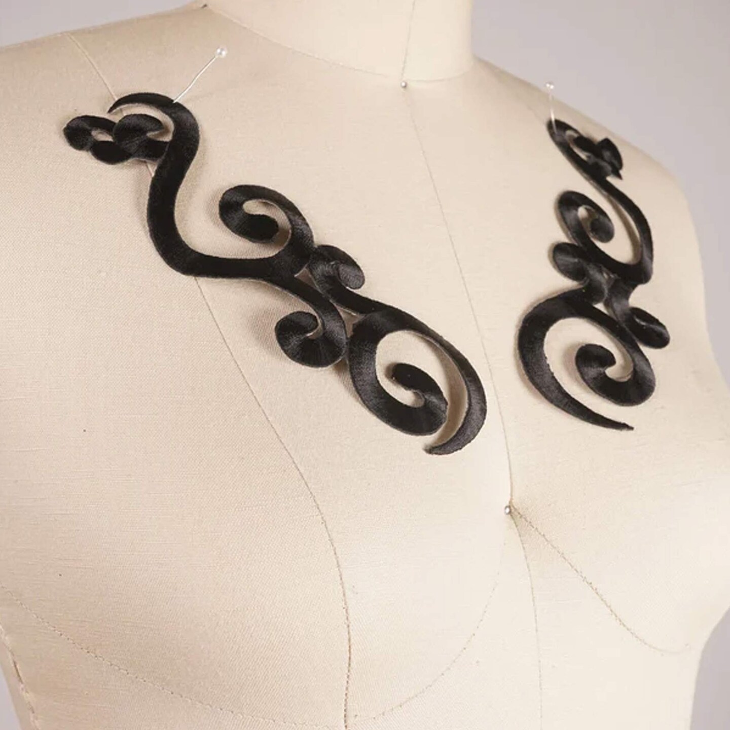 Black Embroidered Iron-On Applique 2 Pieces Metallic Patches for Necklines, Dresses & Stage Costumes