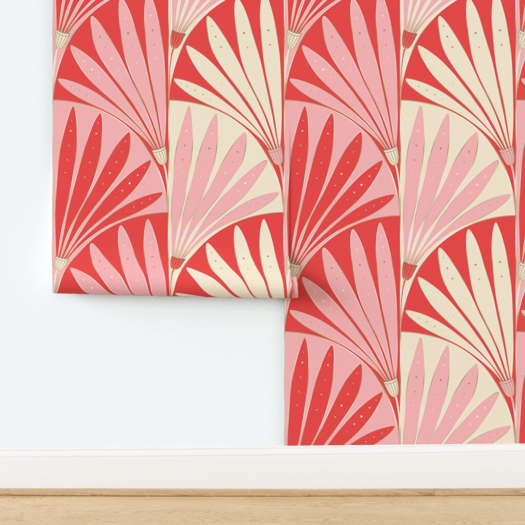 Bold Floral Pink Red Geometric Flowers Symmetrical Fan Retro Traditional Wallpaper by Spoonflower Non-Pasted Wallpaper 2FT Wide