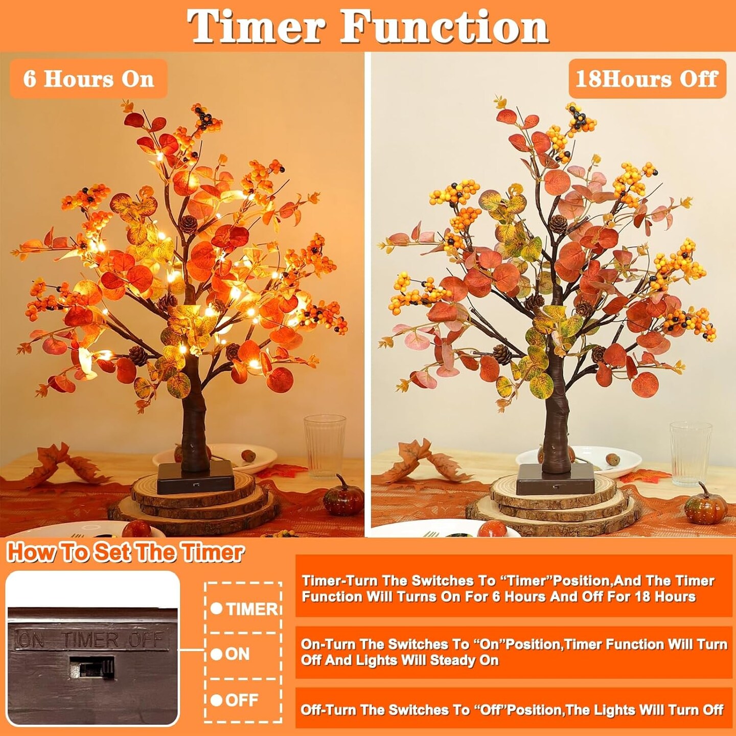 2 Pack Fall Decor Tabletop Fall Tree with 48 LED Battery Operated,18 Inch