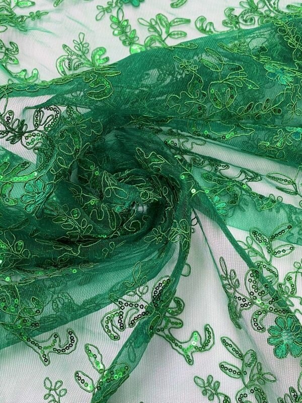 1 Yard Kelly Green Corded Sequin Lace Mesh Fabric with Double Scalloped Edge 54” Wide