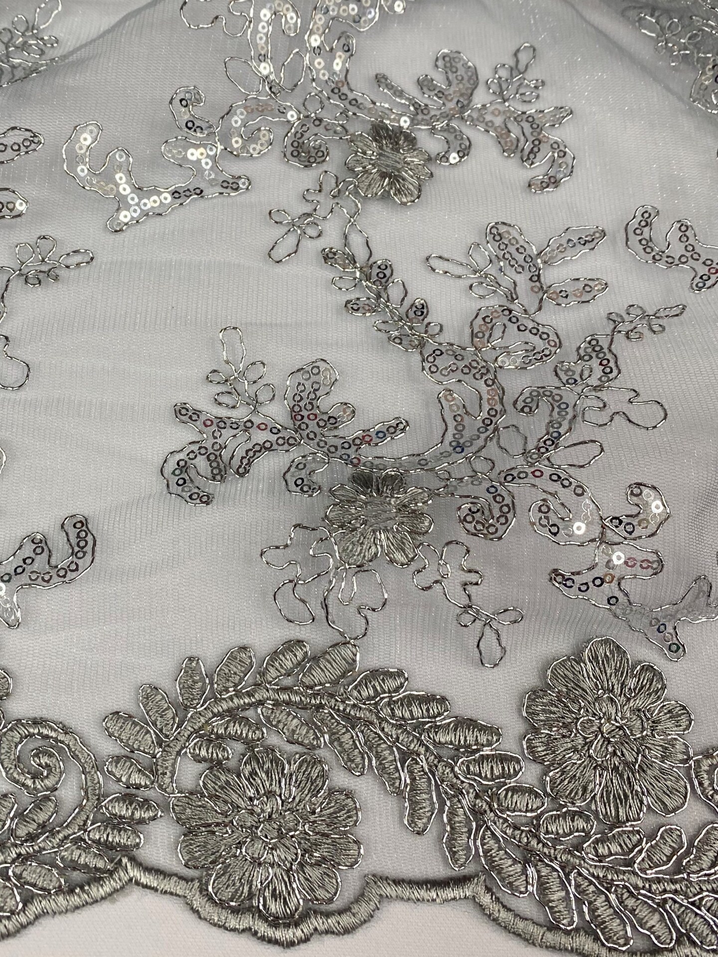 1 Yard Gray Silver Corded Sequin Lace Mesh Fabric with Double Scalloped Edge 54” Wide