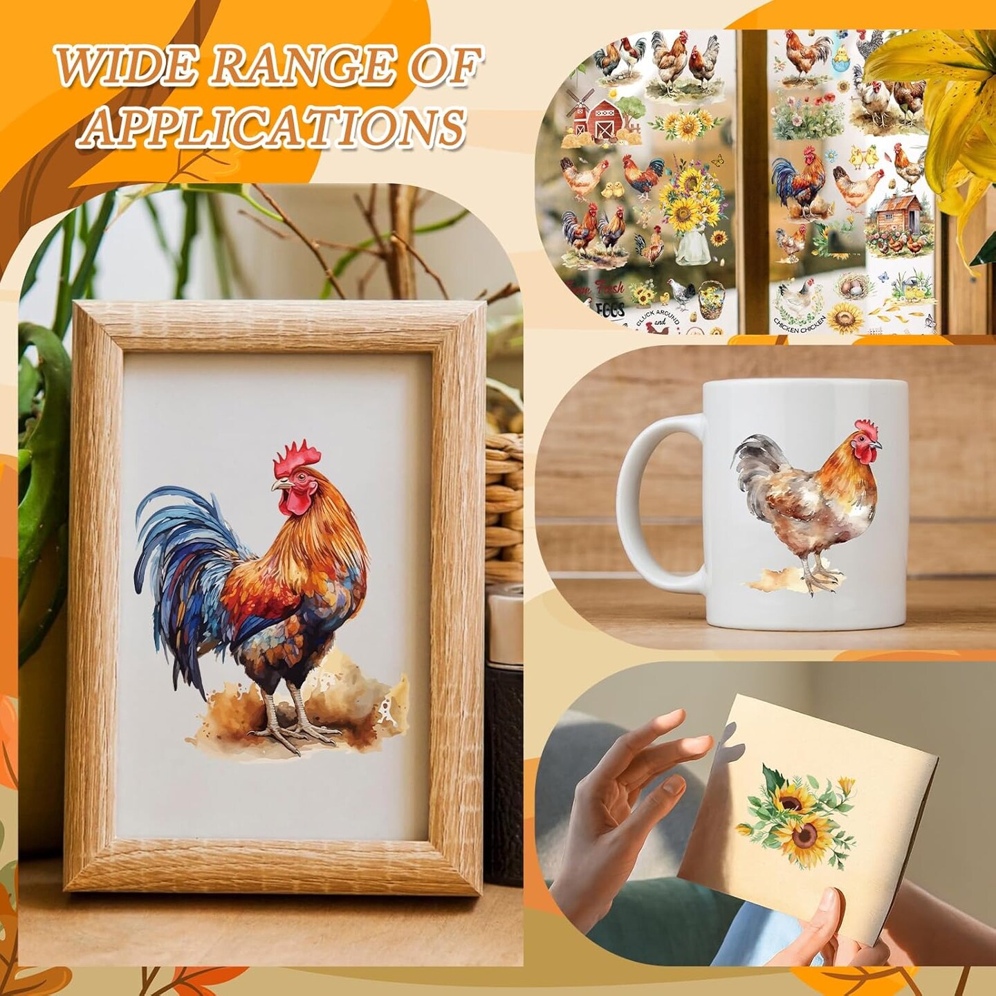 6 Sheets Farm Rub on Transfer Stickers for Furniture (Chicken) 11.8x7.9 Inch