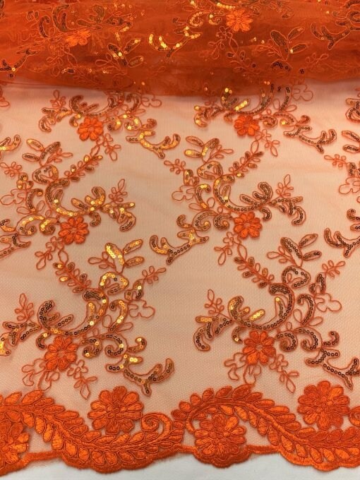 1 Yard Bright Orange Sequin Embroidered Corded Lace Mesh Fabric with Scallop Edges 54” Wide