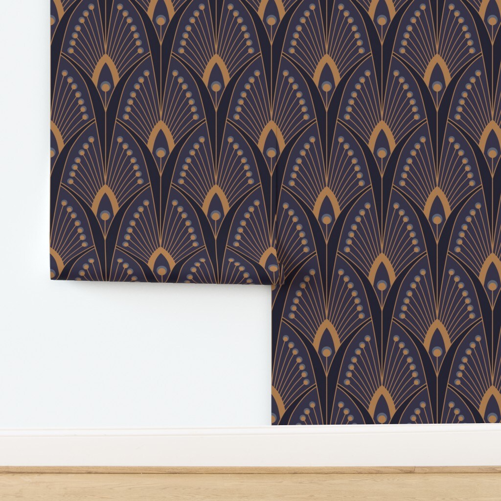 Geometric Feathers Blue Brown Abstract Peacocks Bold Retro Glam Custom Removable Wallpaper by Spoonflower Peel & Stick Wallpaper 2FT Wide
