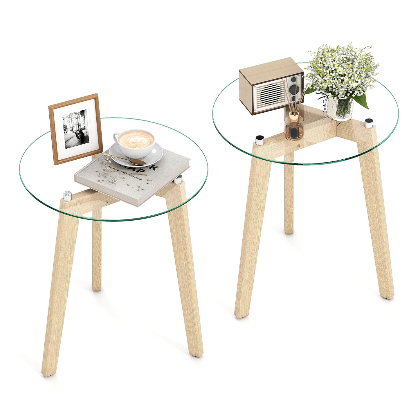 Modern Round End Table with Tempered Glass Top and Rubber Wood Frame for Living Areas