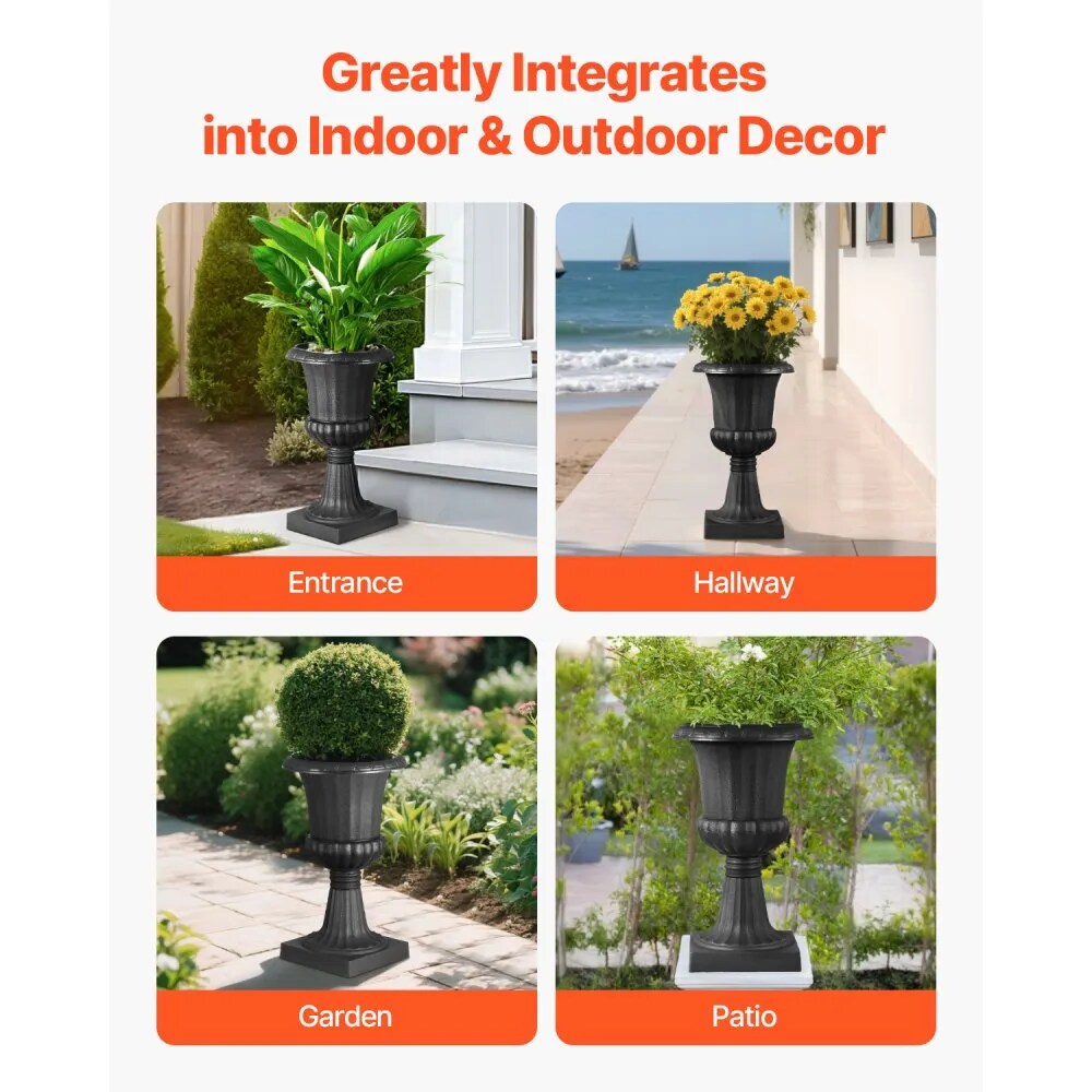2-Pack Plastic Urn Planters, Black Classic Flower Pots for Indoor & Outdoor
