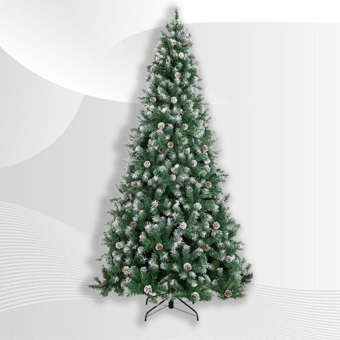 Frosted Oregon Fir Christmas Tree with Snow Dusted Pine Cones and Metal Stand