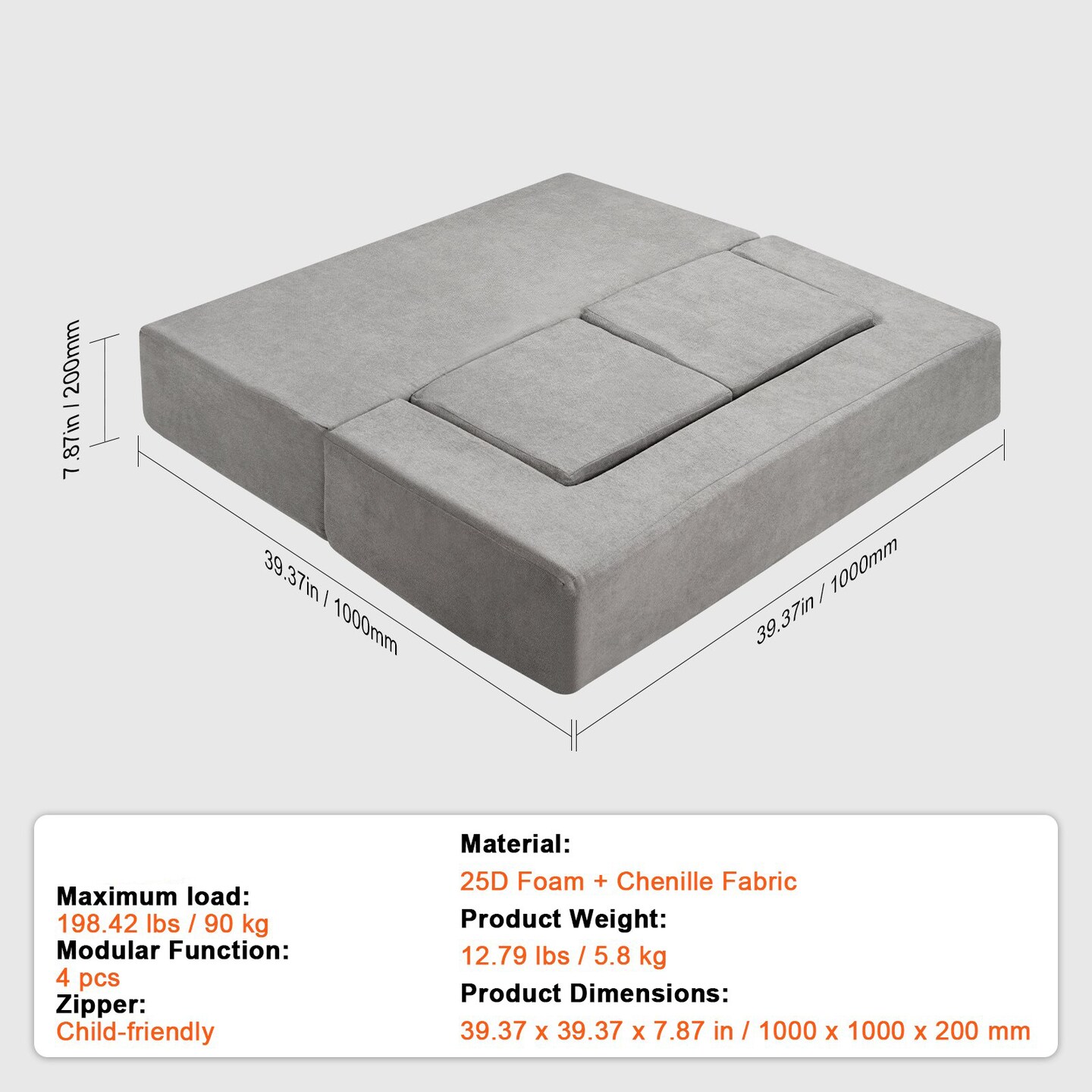 Modular Kids Sofa 4-Piece 25D Foam Couch with Chenille Fabric