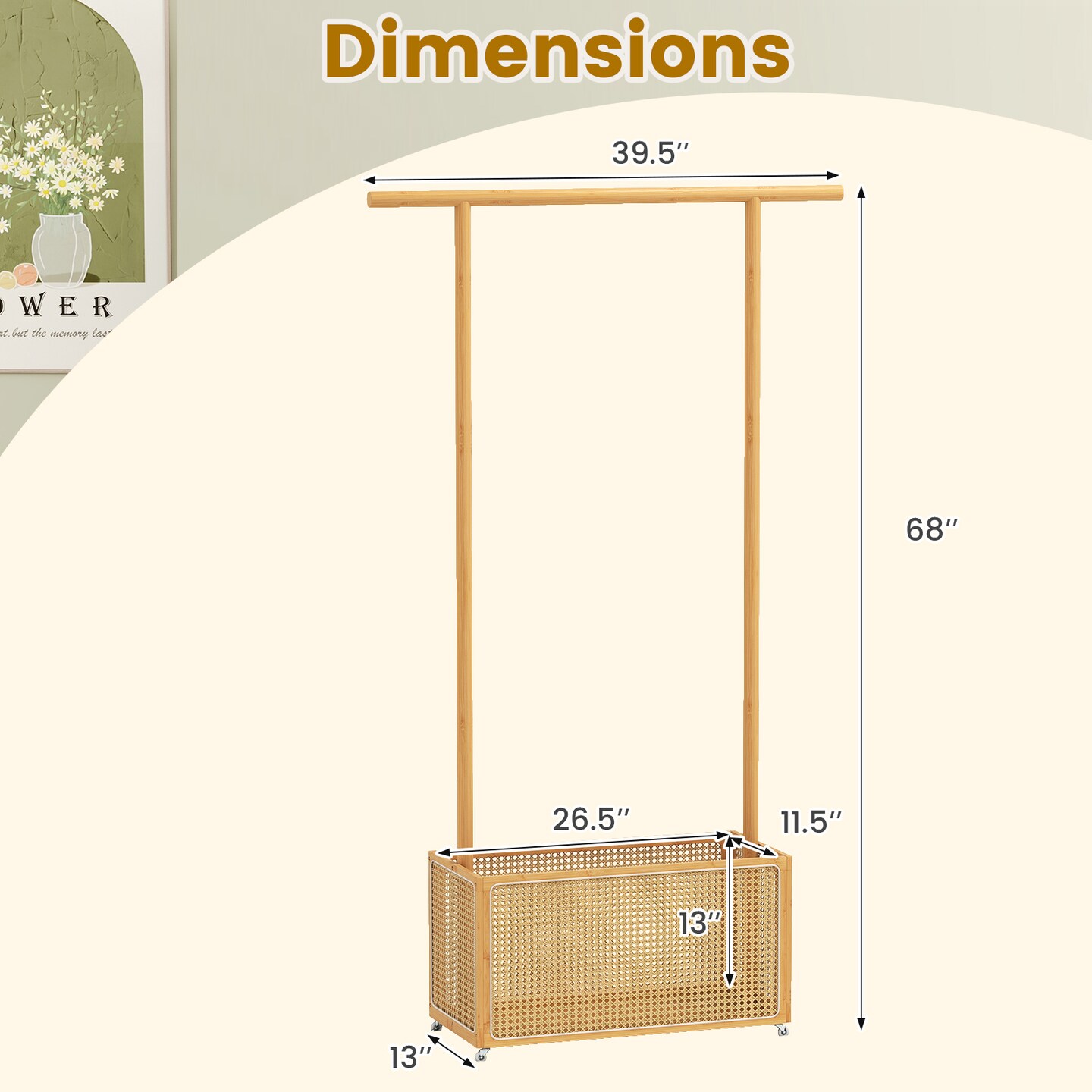 Clothes Rack with PE Rattan Storage Basket Freestanding Garment Organizer with Hanging Rod