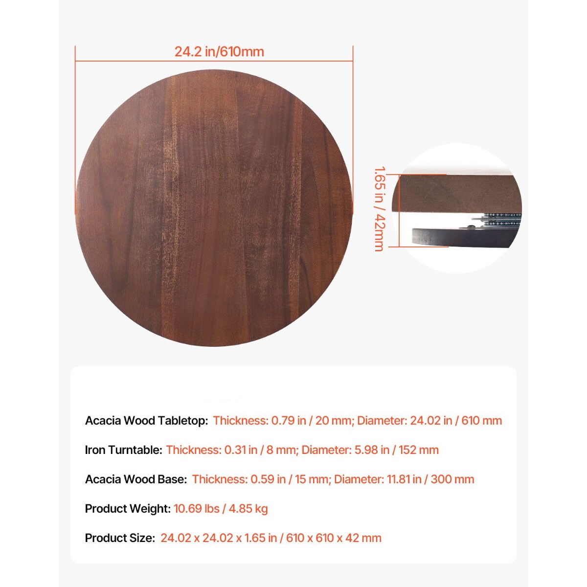 24 in Acacia Wood Lazy Susan Turntable Round Rotating Tray for Table