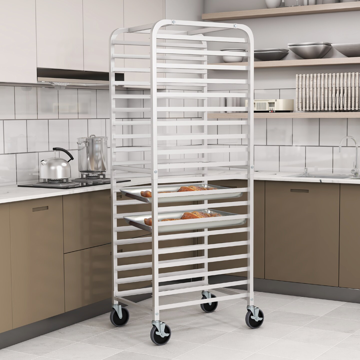 Silver Aluminum 20-Pan Rack with Rubber Wheels and 500 lbs Weight Capacity