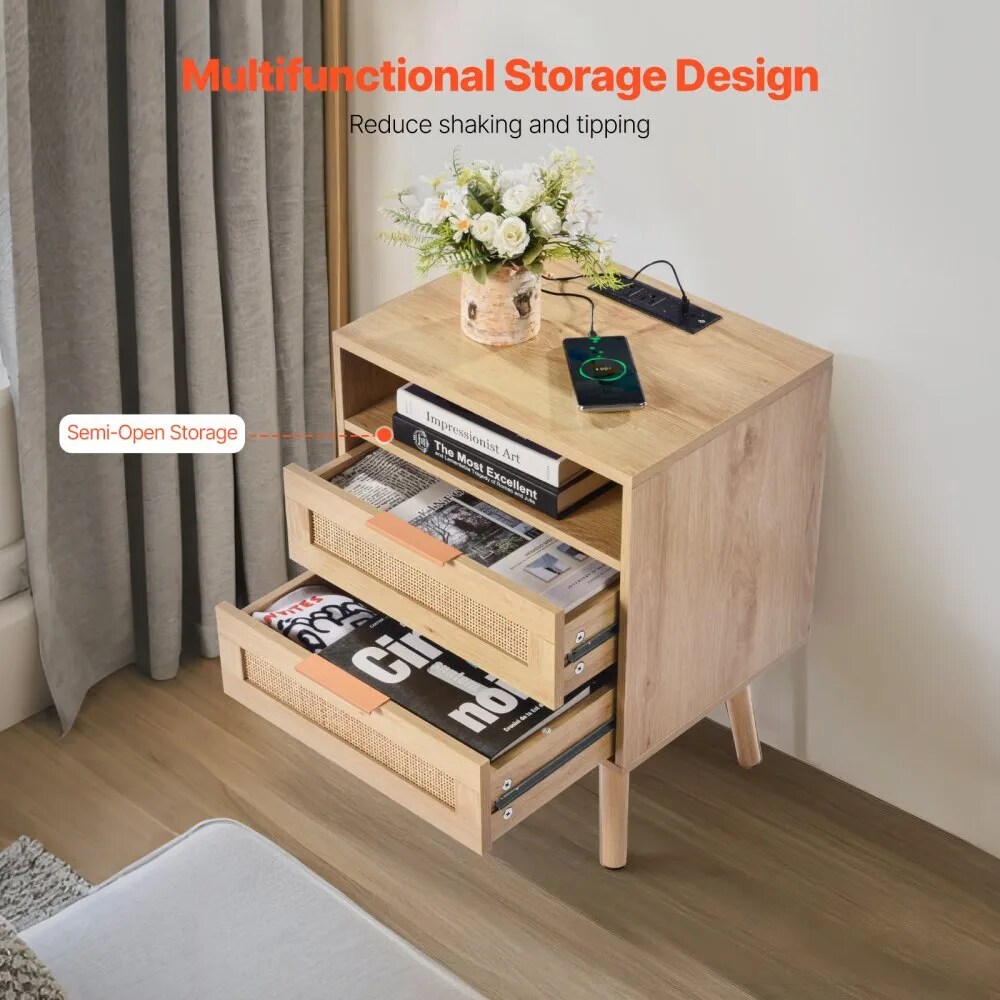 Rattan Nightstand with 2 Drawers Open Shelf and Charging Station