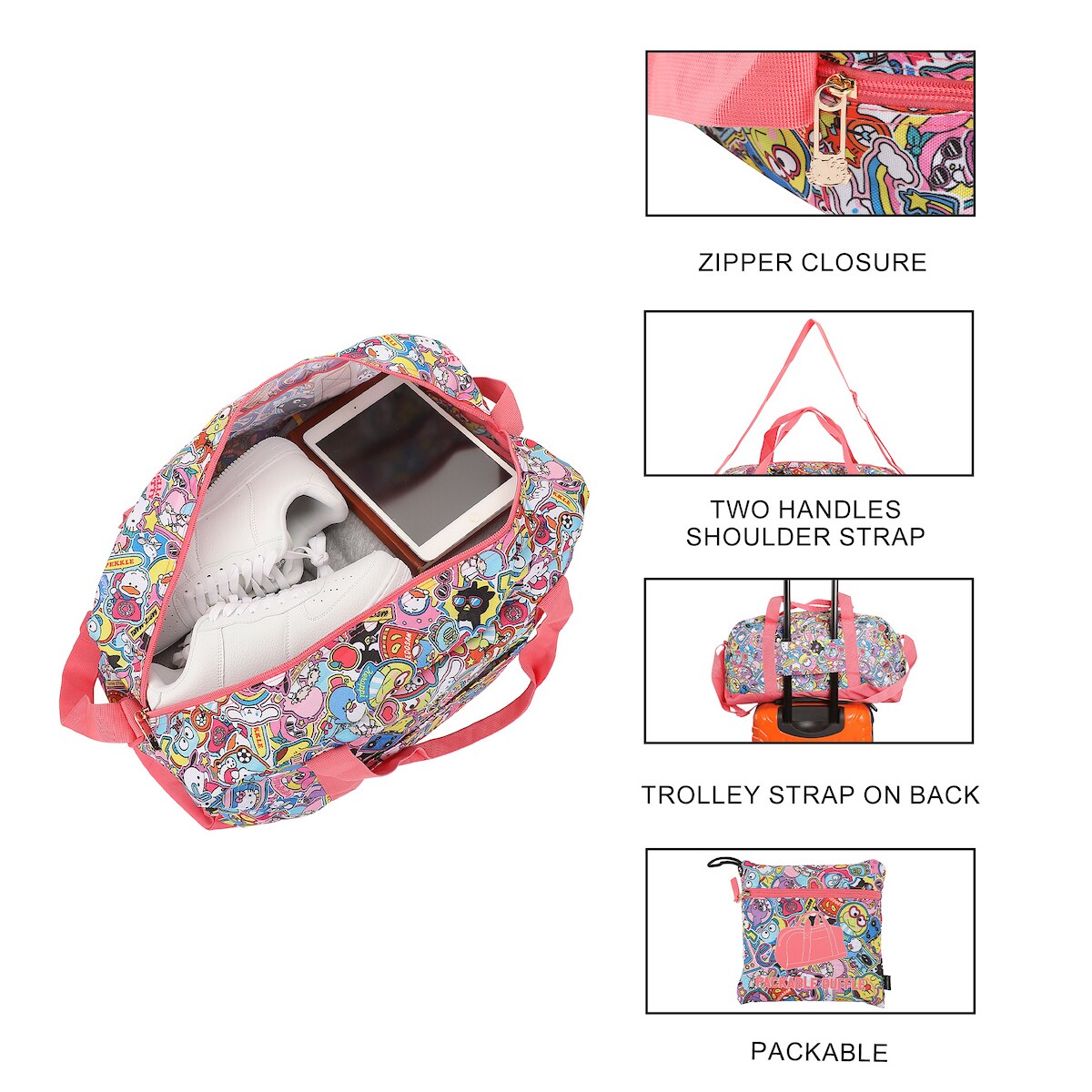 Hello Kitty & Friends All-Over Character Print White & Pink 21" Packable Duffel