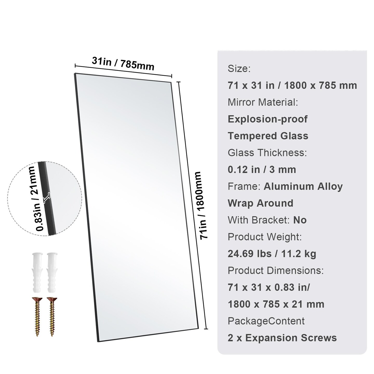 71-Inch Full-Length Black Floor Mirror – Explosion-Proof Tempered Glass