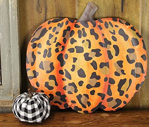 12" Leopard Print Pumpkin Sign, Embossed Metal - Orange, Black, Tan, Brown - for Wreath Accents, Centerpieces, Walls, Crafts, and Decorations - Fall, Halloween, Thanksgiving