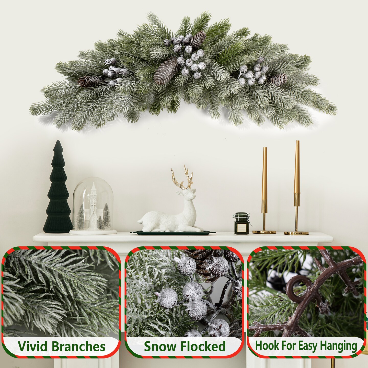 25" Flocked Christmas Swag – Artificial Pine Cone & Snowed Berry Garland, Winter Mantel Holiday Home Decor