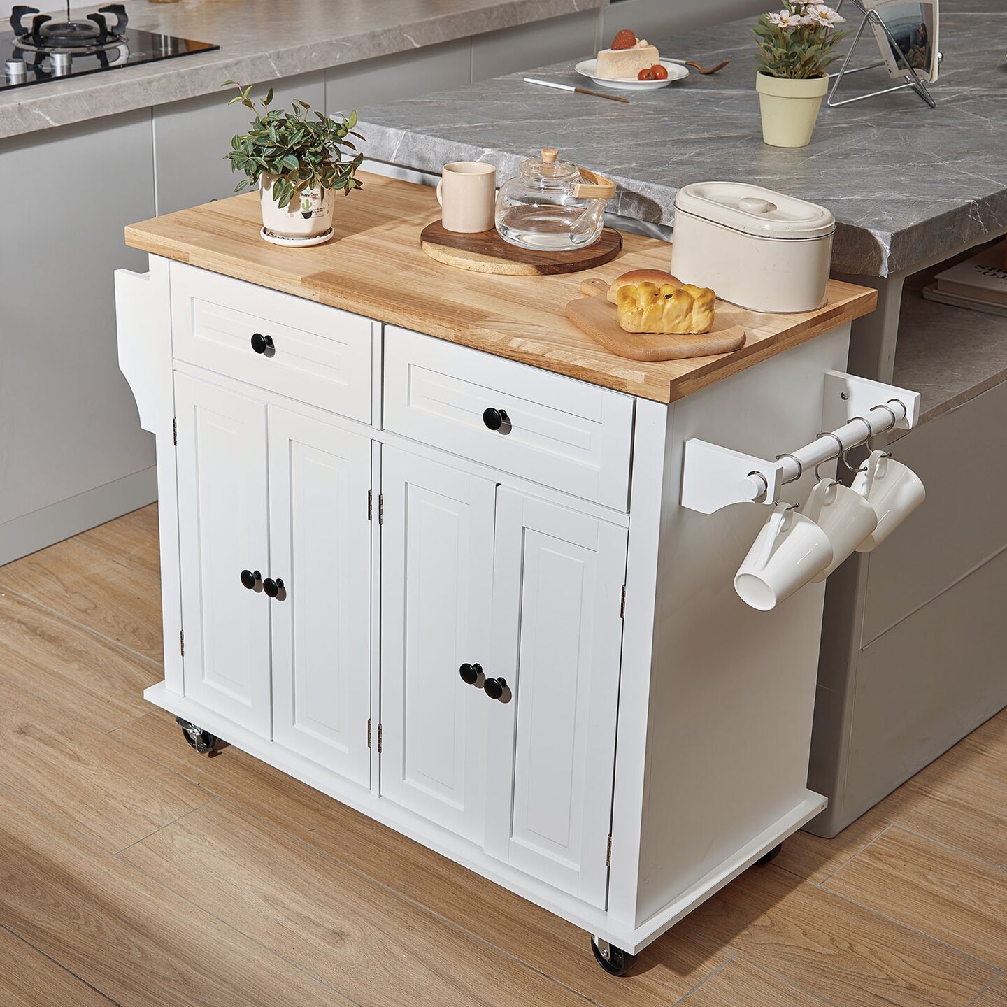 White Solid Wood and MDF Kitchen Island with Drop Leaf and Lockable Wheels
