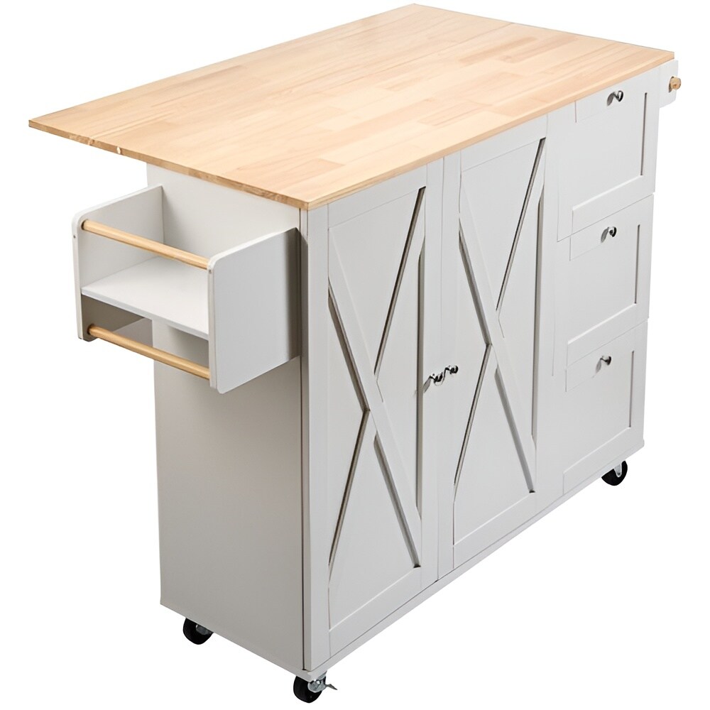White Solid Wood and MDF Kitchen Island with Drop Leaf and Lockable Wheels