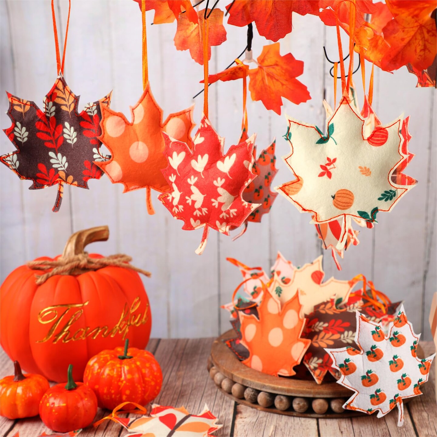 27 Pcs Thanksgiving Tree Decoration Fall Autumn Leaves Tree Ornaments Thanksgiving Decor 3D Felt Leaves Pumpkin Autumn Hanging Ornaments for Home Decor Party Favors(Cute Style)