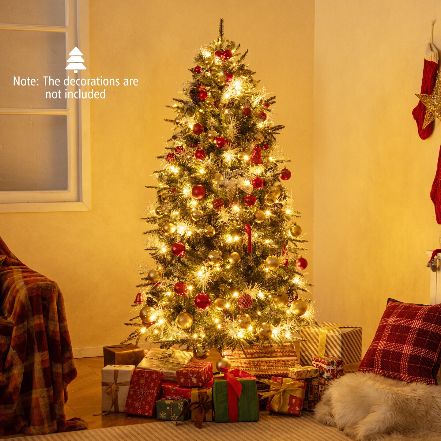 Pre-Lit Green Christmas Tree with 8 Lighting Modes and Pinecones Red Berries Included Sturdy Base