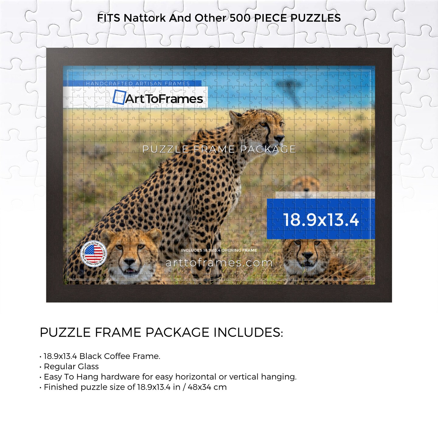 ArtToFrames 18.9x13.4 INCH / 48x34 CM Puzzle Frame for 500 piece Puzzles.This 1.00 Inch Custom Wood Frame for Puzzles Comes with Regular Glass, Available in Multiple Colors