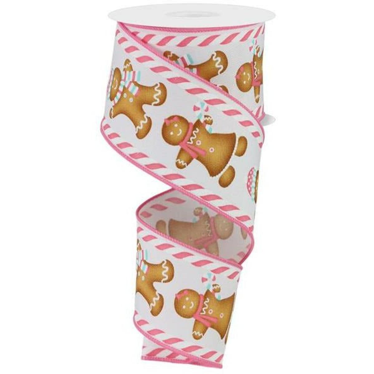 2.5&#x22; Gingerbread Boy Girl Ribbon: White/Pink (10 Yards)