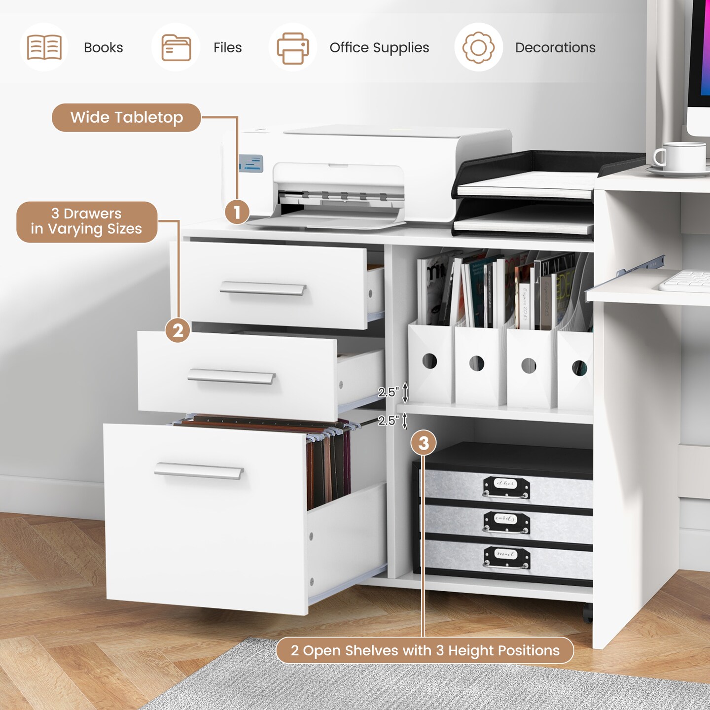Under Desk File Cabinet with 3 Drawers, Mobile Office Storage
