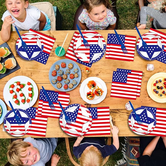 96 Pcs 4th of July Party Plates Napkins Tableware Set Memorial Day Supplies Disposable Dinnerware Patriotic Freedom Stars Party Decoration Favors for Independence Day 250th Anniversary, 24 Guest