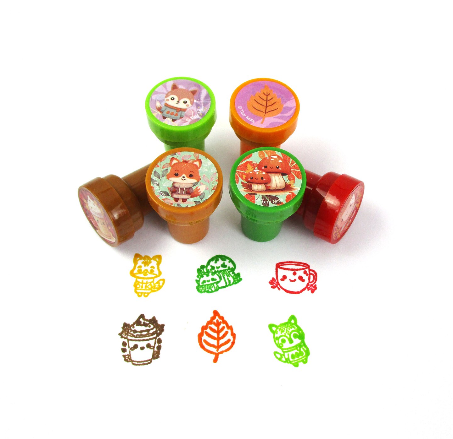 TINYMILLS Cozy Fall Animal Self-Inking Stampers, 24 Pack Autumn Themed Stamps with Pumpkin, Latte, Fall Harvest Animal Designs Arts and Crafts Party Supplies