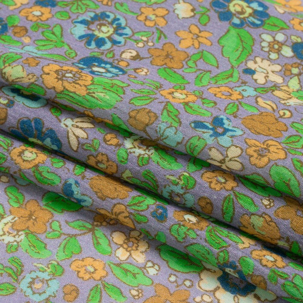 1 Yard Green, Orange and Purple Floral Crinkled Cotton Gauzy Fabric