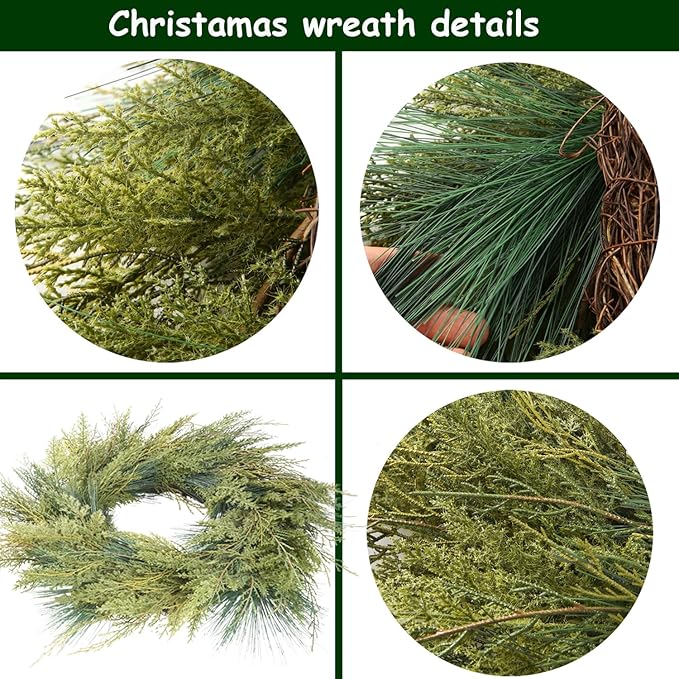 24&#x22; Christmas Wreaths for Front Door, Real-Look Pine Needles Winter Xmas Wreath Outdoor Holiday Decoration, Door Reef for Farmhouse Front Porch Wall Window