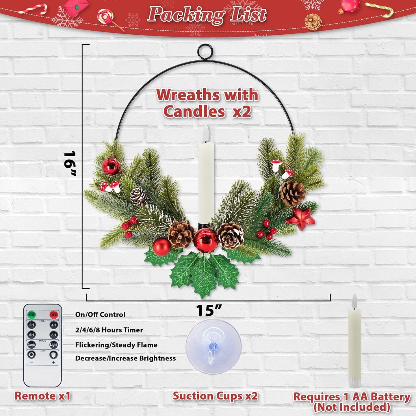 2Pack Christmas Wreaths for Front Door with LED Taper Candles, 16-inch Window Wreath Christmas with Light & Remote, Battery Operated Outdoor Winter Ornaments Christmas Decorations.