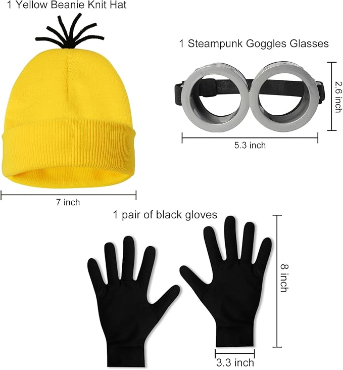 3 Pcs Halloween Costume Accessories Adult,Goggles Glasses/Yellow Beanie/Gloves for Men Women Cosplay Party Set