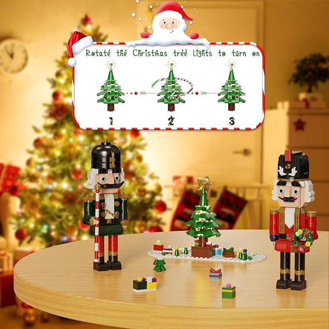 Christmas Nutcracker Building Kit with LED Light, Xmas Decorative Nutcracker Building Sets, Contains Christmas Tree, Wreath, Cane,Compatible with Lego Festival Gift (690 Pieces)